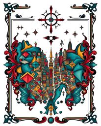 This striking symbolic traditional tattoo art print showcases a rich, deep teal abstract city map composed of geometric shape