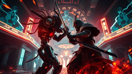 Experience a dramatic low-angle perspective of a samurai battling a robot in a dystopian world, brought to life with artistic
