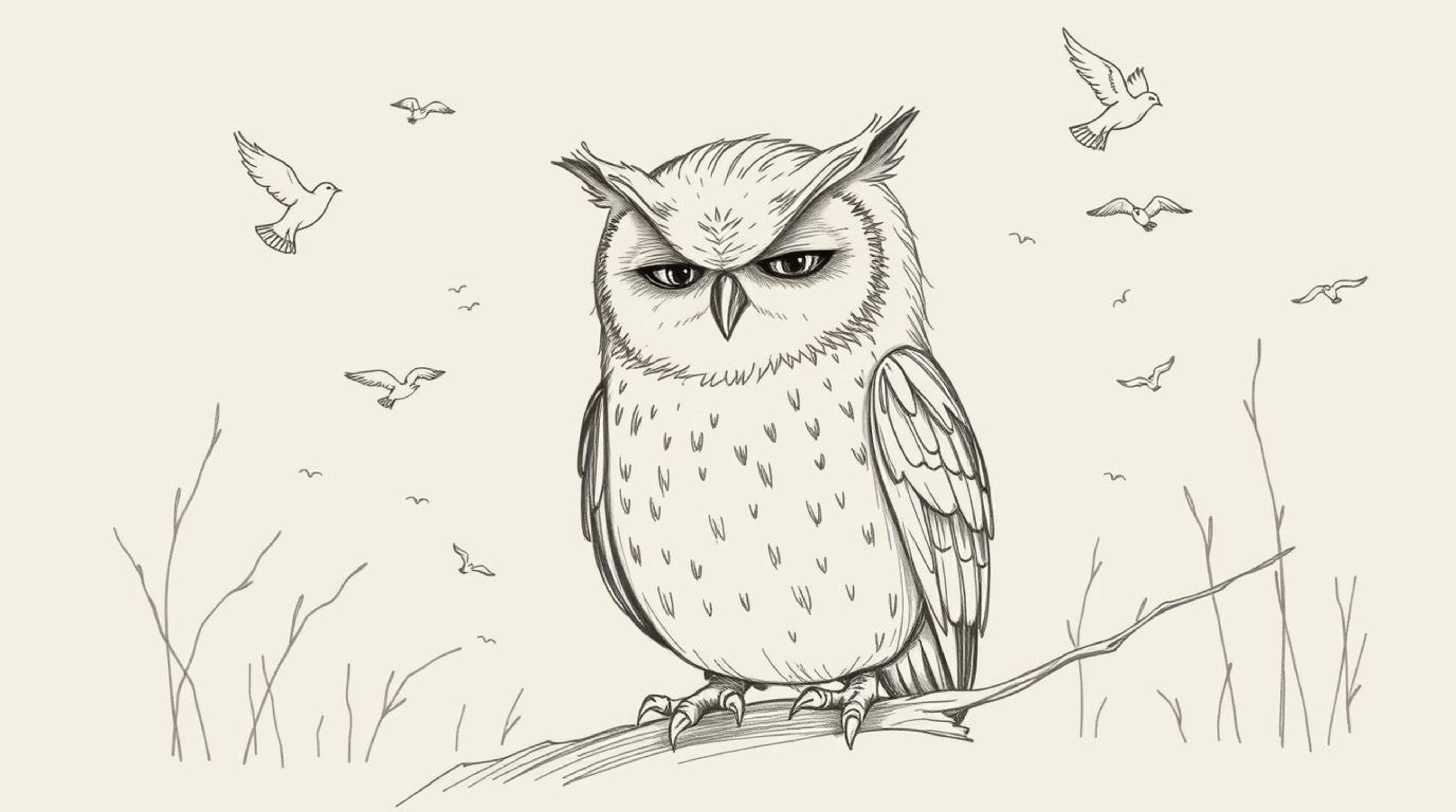 A charming hand-drawn pencil sketch in the style of Pixar, depicting a serene blind owl with soft feathers.  Surrounded by fl