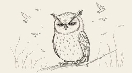 A charming hand-drawn pencil sketch in the style of Pixar, depicting a serene blind owl with soft feathers.  Surrounded by fl