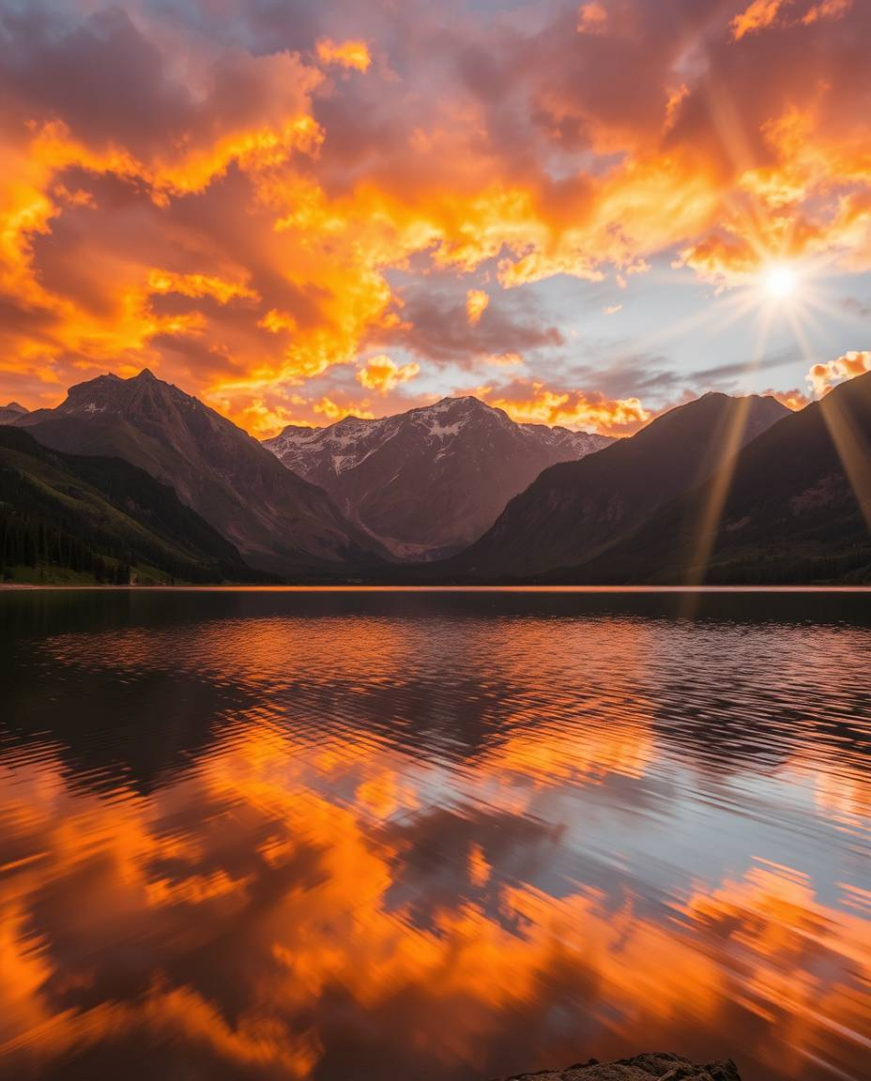 A bright lens flare dramatically illuminates the reflections of fiery clouds in a mountain lake. The scene is alive with dyna