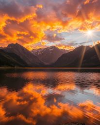 A bright lens flare dramatically illuminates the reflections of fiery clouds in a mountain lake. The scene is alive with dyna