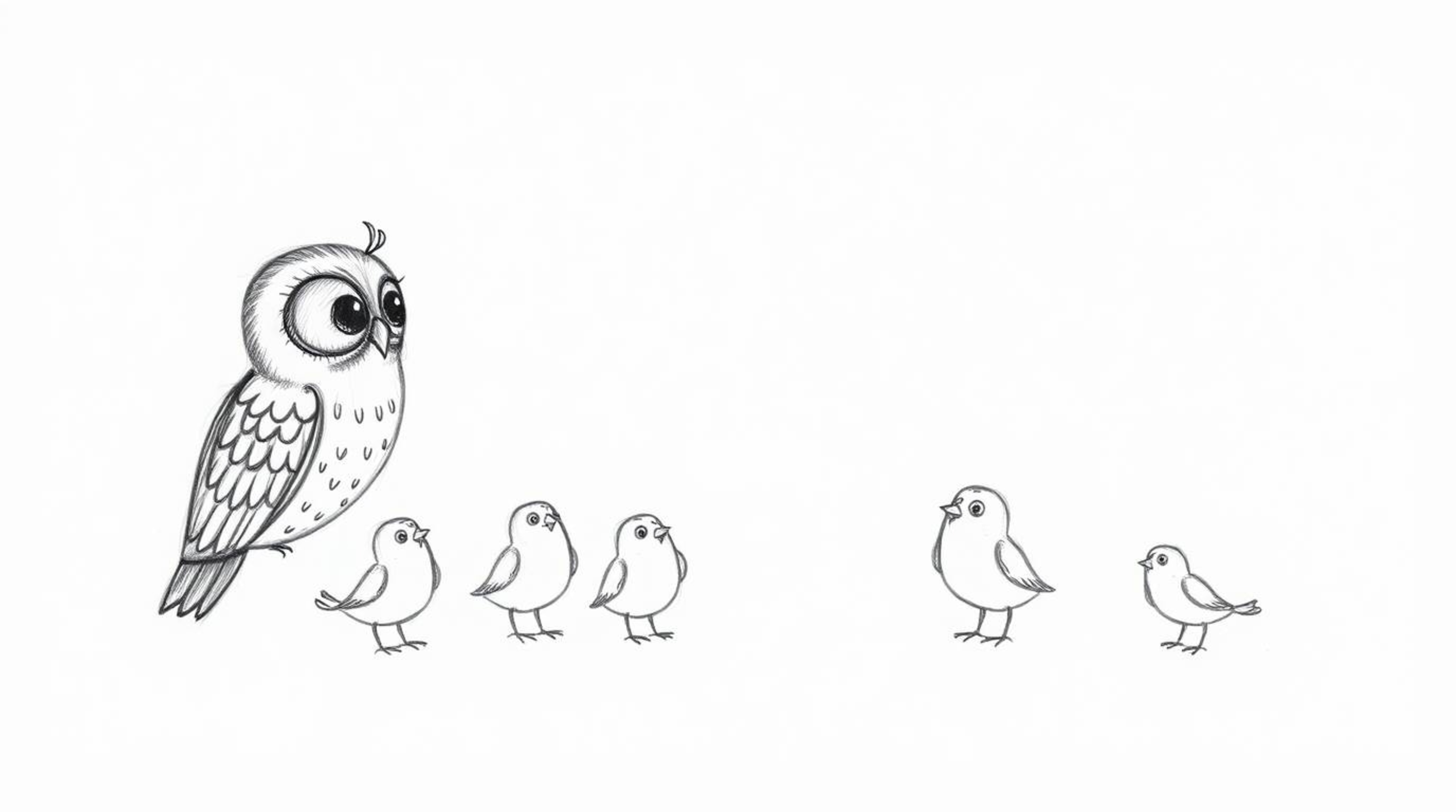 A charming hand-drawn sketch depicts a blind owl in a Pixar-esque style, using wind chimes and simple flaps to teach small bi