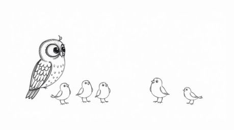 A charming hand-drawn sketch depicts a blind owl in a Pixar-esque style, using wind chimes and simple flaps to teach small bi