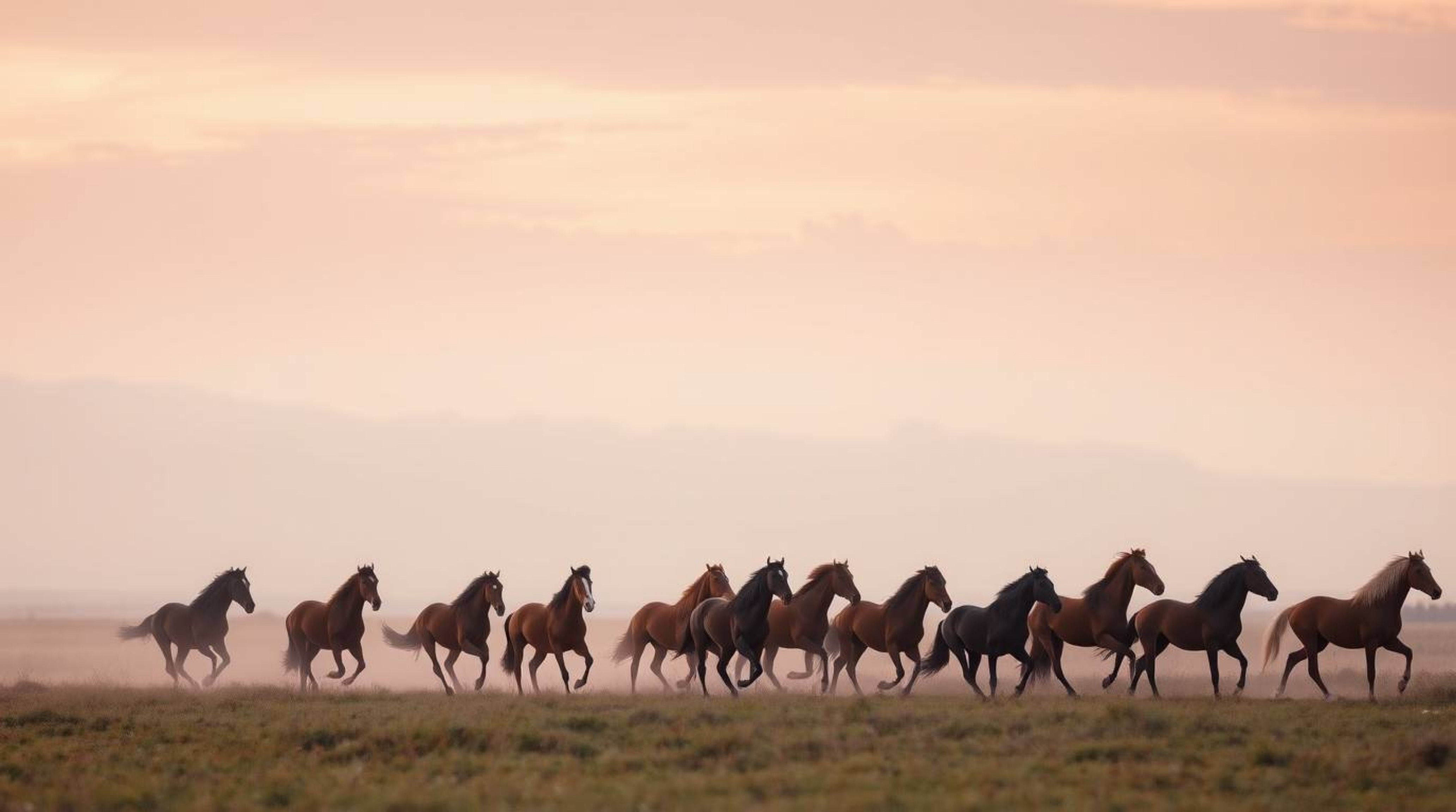 A breathtaking cinematic rendering of a herd of wild horses galloping across a field under a soft, glowing sky.  Smooth gradi