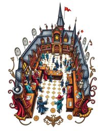 A vibrant, high-angle art print showcasing a magical school brimming with young wizards, rendered in a retro style with intri