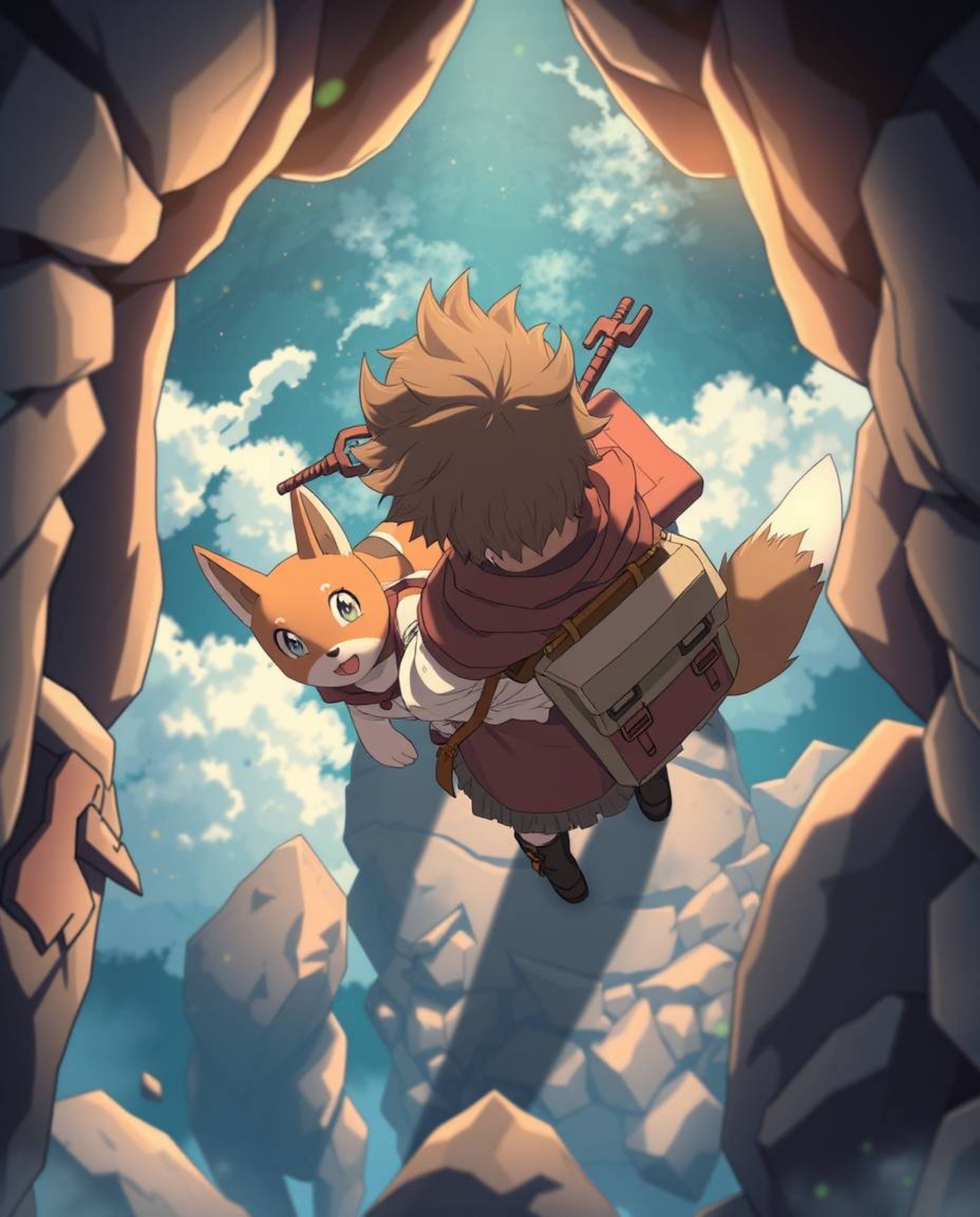 Embark on an epic isekai journey with a brave hero and their talking animal companion, captured from a dynamic high-angle per