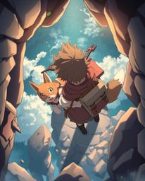 Embark on an epic isekai journey with a brave hero and their talking animal companion, captured from a dynamic high-angle per