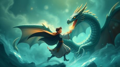 Immerse yourself in an ethereal spiritual vibe featuring a charming prince battling a dragon, brought to life in a vibrant 19