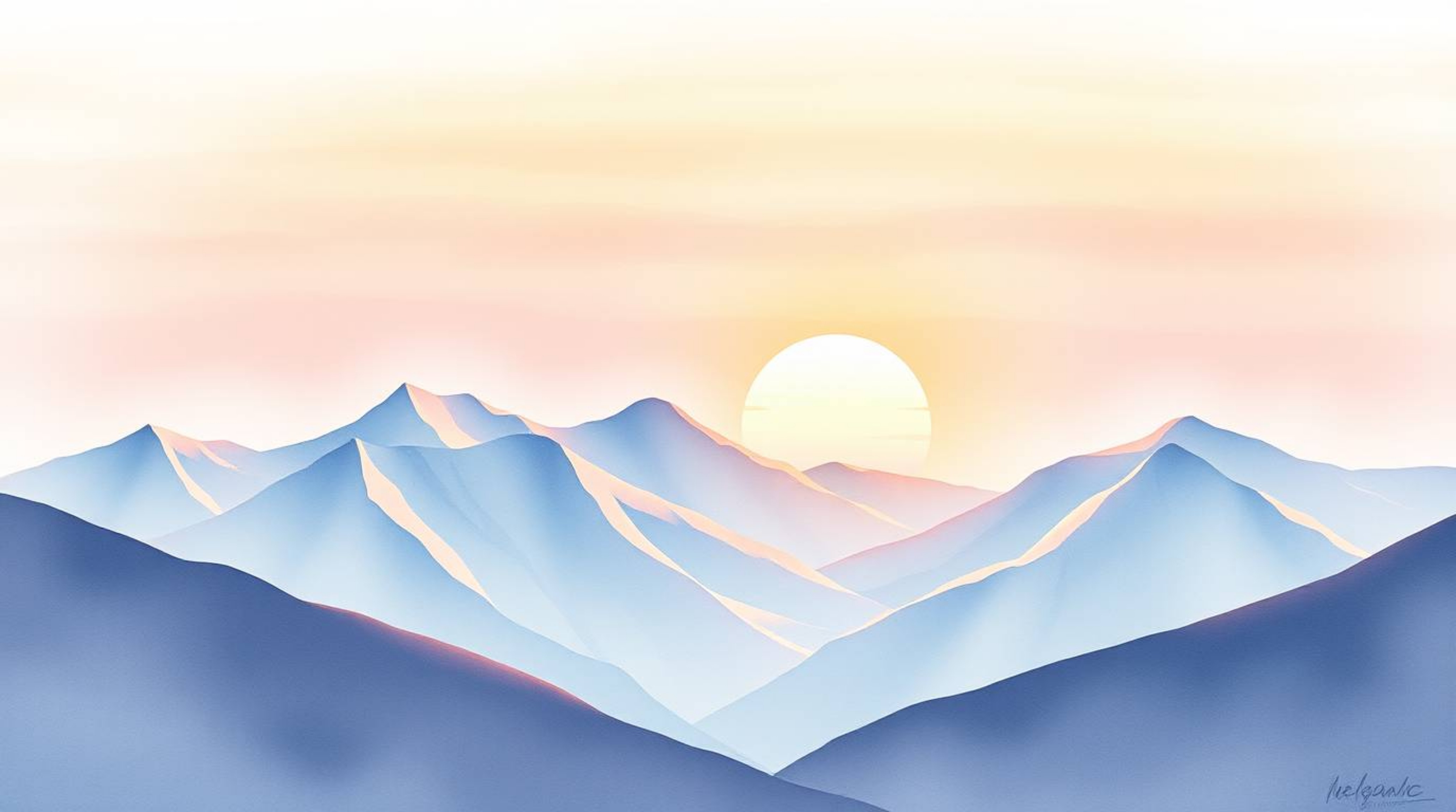 A delicate watercolor painting capturing snow-covered mountains bathed in the soft light of a pastel sunset. The artwork show