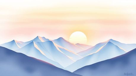 A delicate watercolor painting capturing snow-covered mountains bathed in the soft light of a pastel sunset. The artwork show