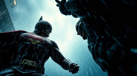 A dramatic low-angle shot captures a superhero and a villain engaged in a fierce battle amidst a torrential downpour.  The ra