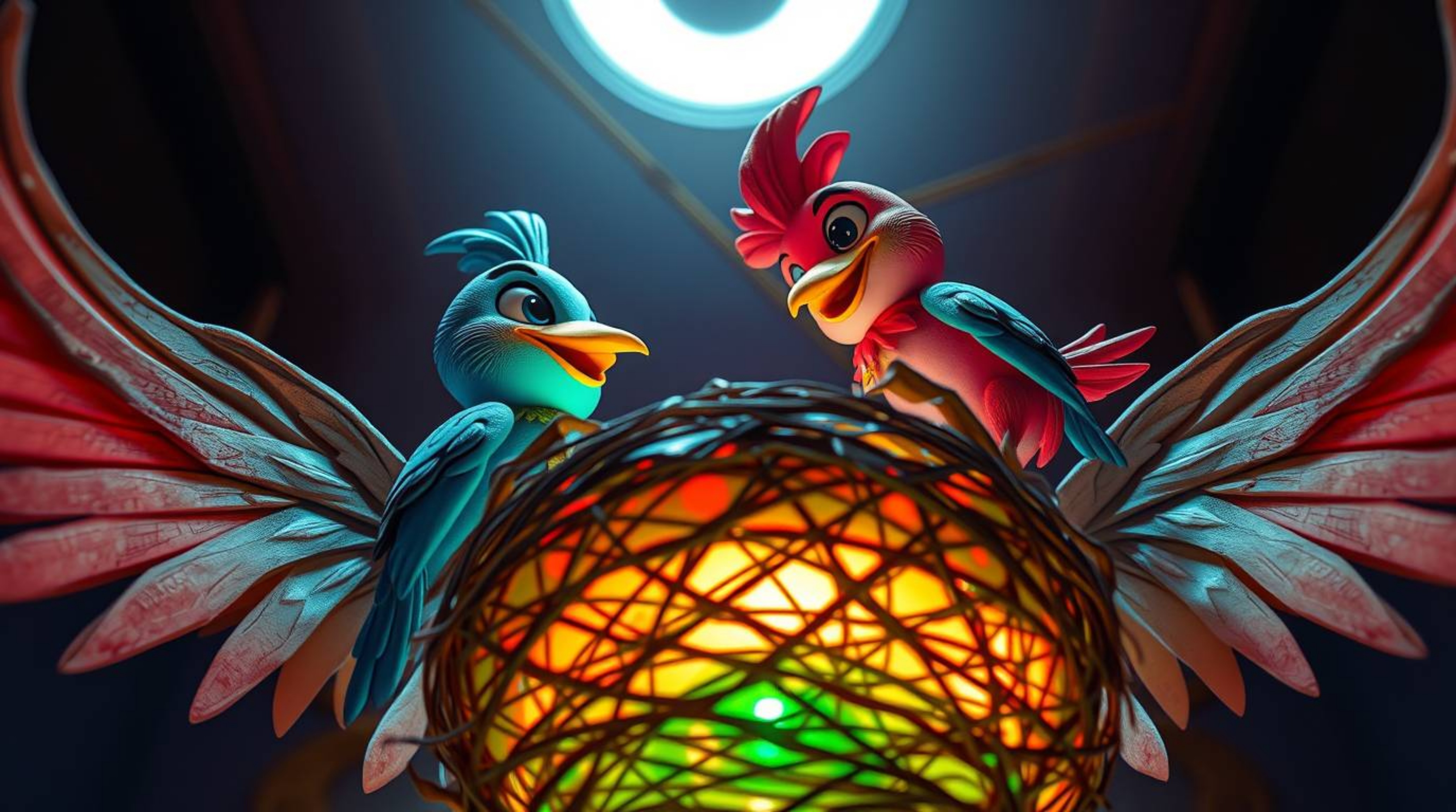 A captivating image showcases two cartoon birds meticulously constructing a nest.  Rendered in a classic animation style usin