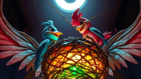 A captivating image showcases two cartoon birds meticulously constructing a nest.  Rendered in a classic animation style usin