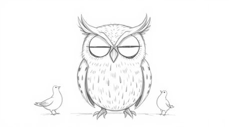 A whimsical Pixar-esque pencil sketch depicts a blind owl with large, expressive closed eyes, relying on senses other than si