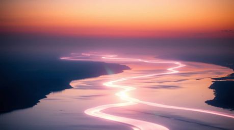 Capture the tranquil beauty of a river delta at twilight with this creative light art photograph. The image features soft pas