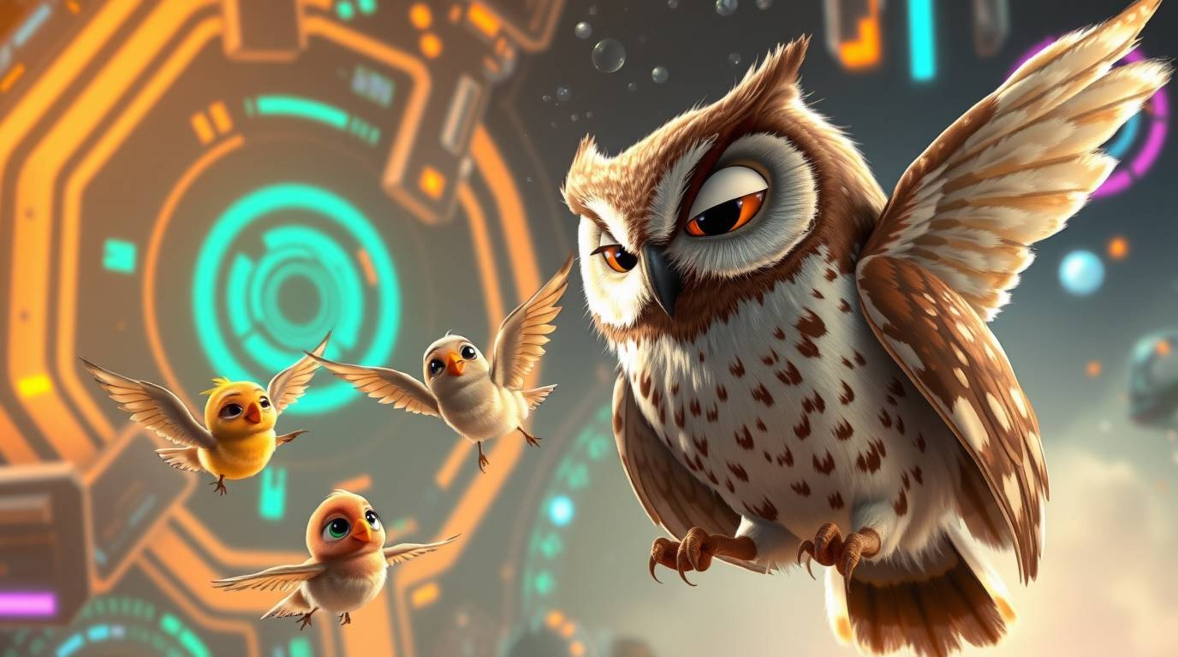 Imagine a heartwarming scene where a blind, wise-eyed owl, designed in the beloved Pixar style, gently whispers words of enco