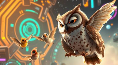 Imagine a heartwarming scene where a blind, wise-eyed owl, designed in the beloved Pixar style, gently whispers words of enco