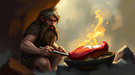 This digital painting showcases an adorable caveman skillfully preparing mammoth meat. Created with loose, expressive brushst