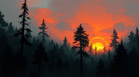 A dramatic digital sketch captures a dense forest bathed in the golden hues of sunset.  Rendered in a cinematic style with lo