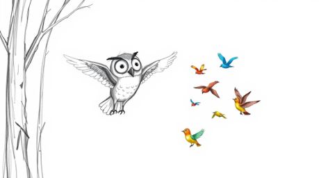 A charming hand-drawn sketch, reminiscent of Pixar's style, depicts a blind owl with large, expressive eyes gently closed, gl