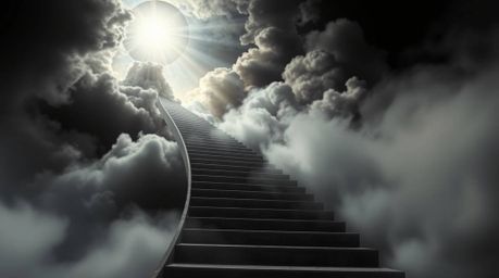 A captivating image depicts a surreal stairway dynamically winding through smoky clouds towards a celestial light.  Rendered 