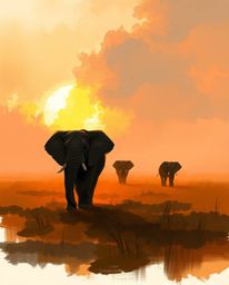 A digital sketch in a painterly style, featuring loose strokes and a misty atmosphere. It depicts elephants walking across a 