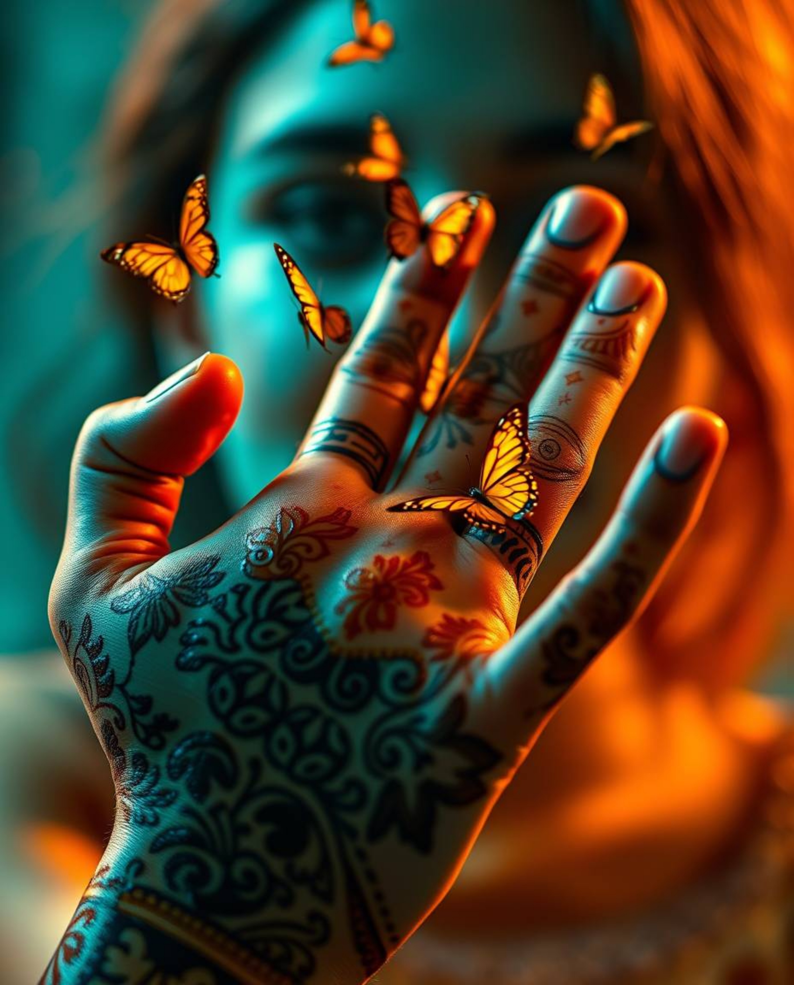 An extreme close-up showcases a girl's hand intricately adorned with henna, releasing delicate butterflies.  The image featur