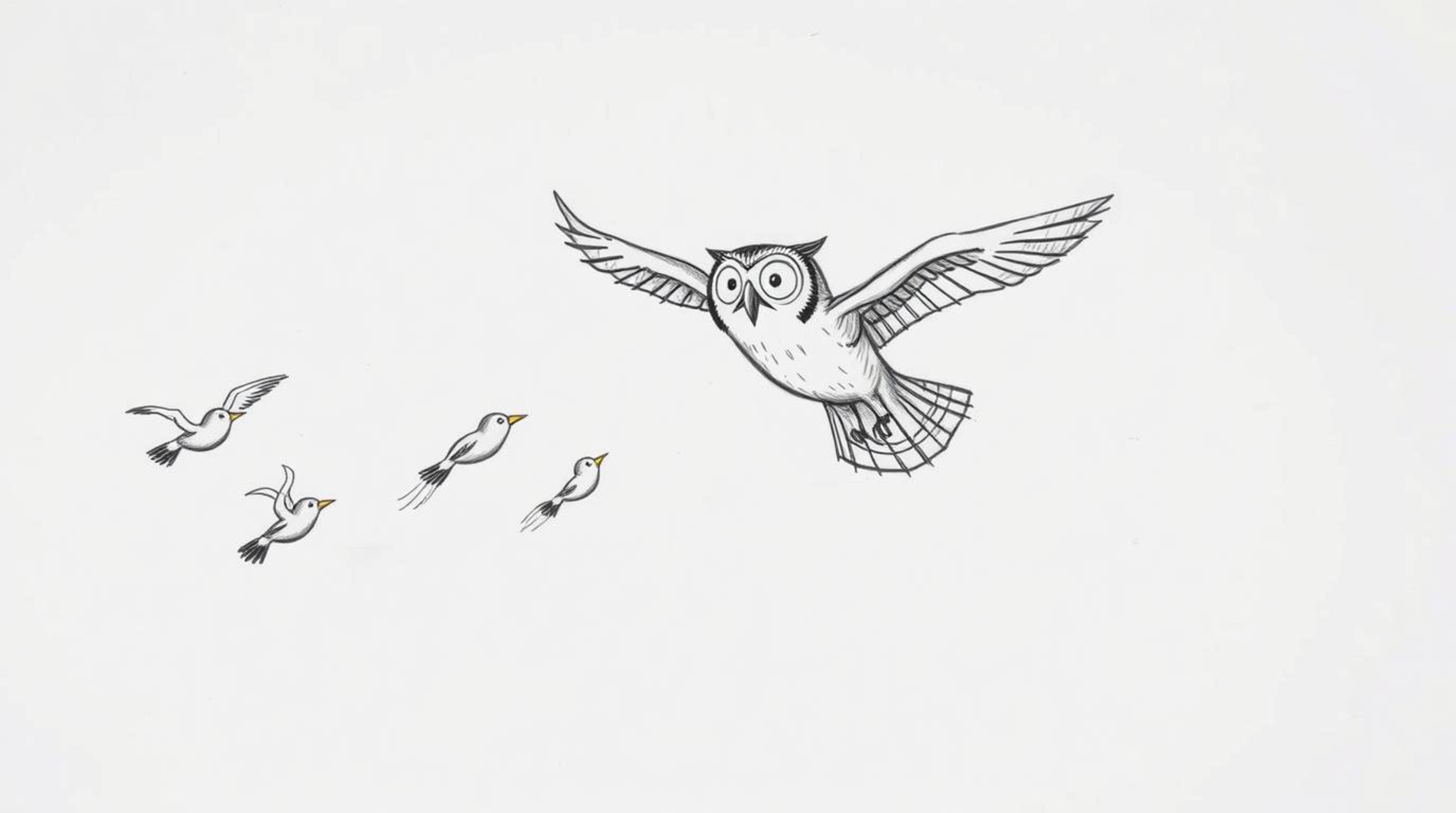 A captivating hand-drawn sketch reminiscent of Pixar, illustrating a blind owl gracefully mid-flight. This wise owl is depict