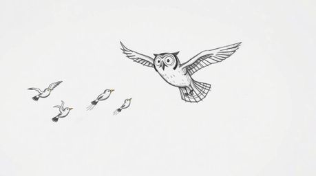A captivating hand-drawn sketch reminiscent of Pixar, illustrating a blind owl gracefully mid-flight. This wise owl is depict