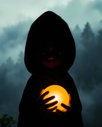 A silhouetted, cloaked figure stands in a misty forest, holding a glowing orb. The scene is bathed in dramatic backlighting, 