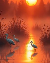 An illustration of a Golden hour wetlands scene with herons, featuring warm volumetric lighting. This artwork is brought to l
