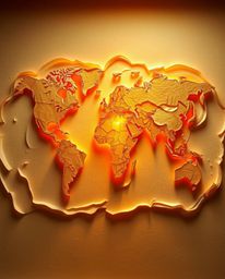 This sculpted layered papier-mâché world map features a warm golden glow and a radiant, luxurious texture. Bright colorful sp