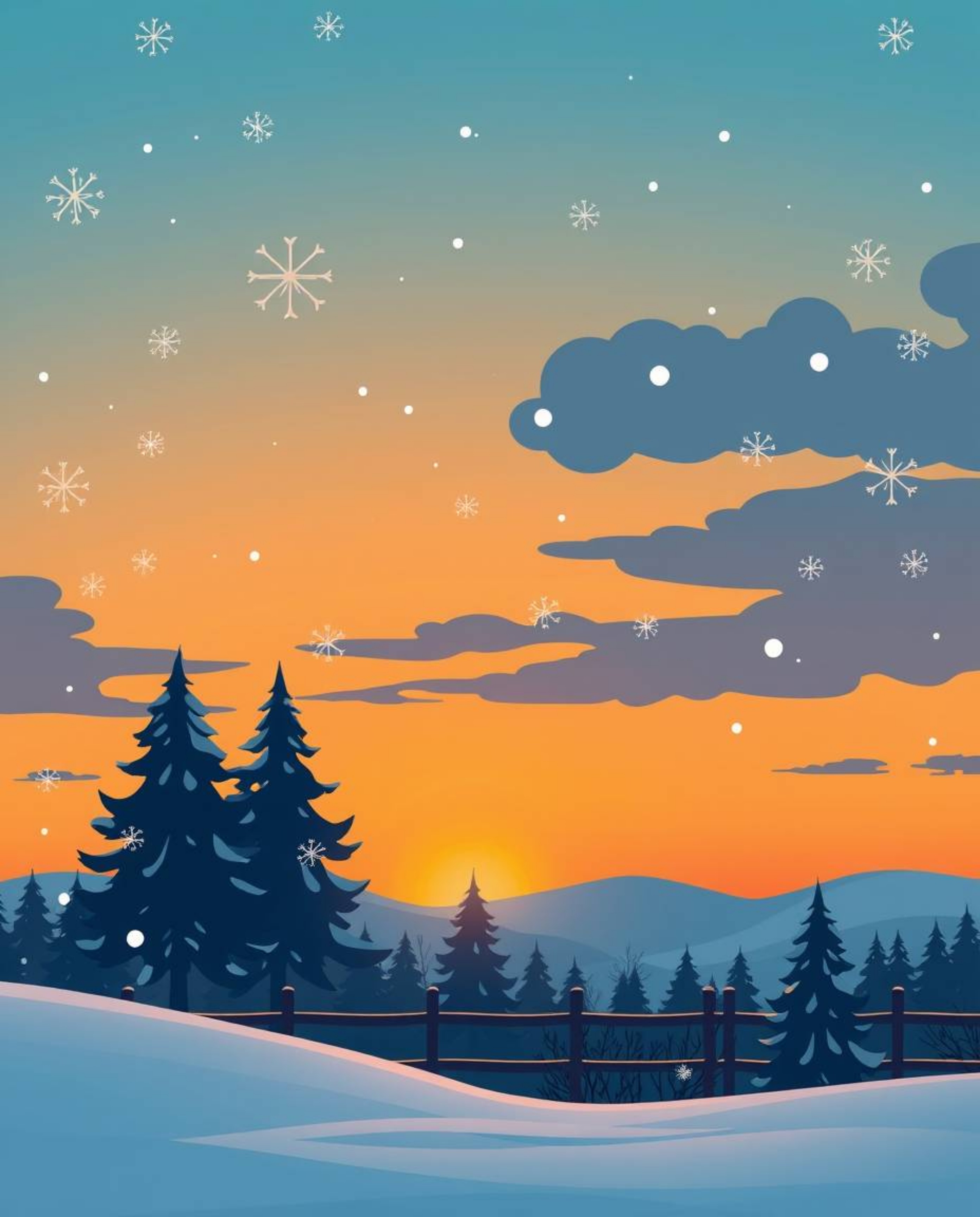 This modern flat design illustration captures a scene of falling snowflakes against a vibrant sunset backdrop, viewed from a 