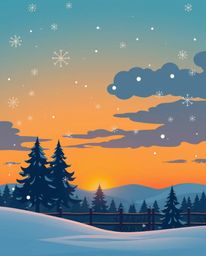 This modern flat design illustration captures a scene of falling snowflakes against a vibrant sunset backdrop, viewed from a 