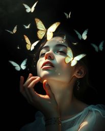 A captivating image of a girl with ethereal features releasing butterflies into a deeply shadowed, jet-black scene.  Her pres