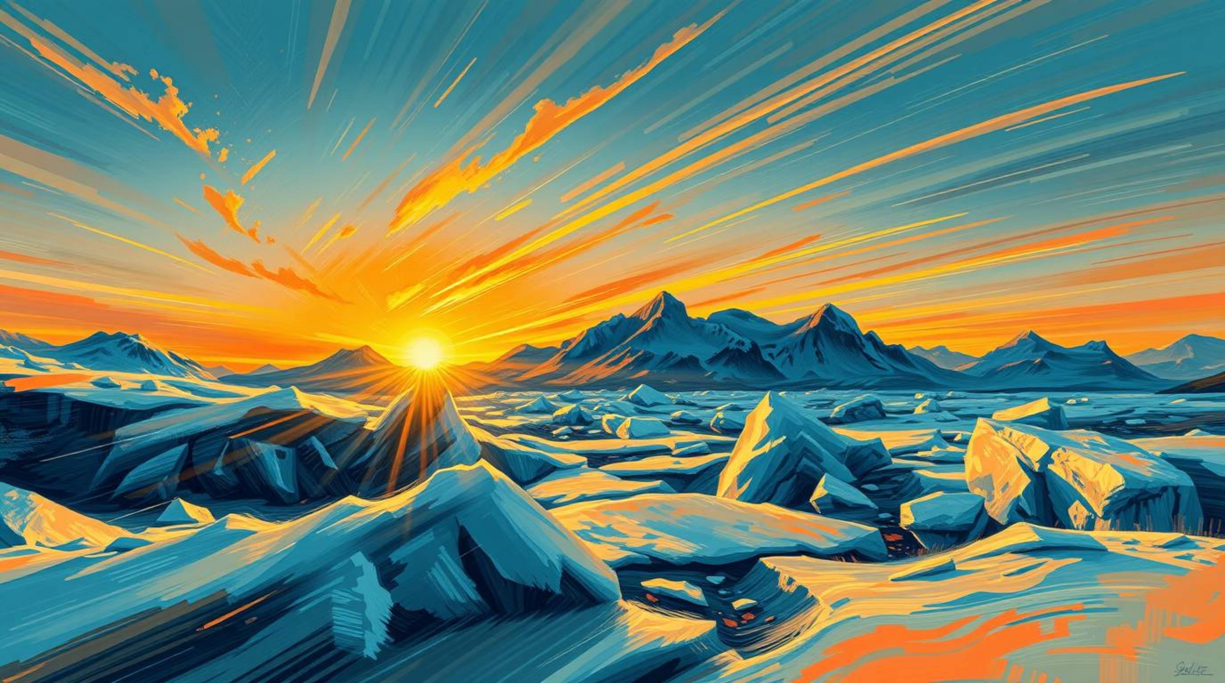 Experience a vibrant dynamic action painting depicting a breathtaking sunset over icy polar glaciers.  Warm autumnal hues dom