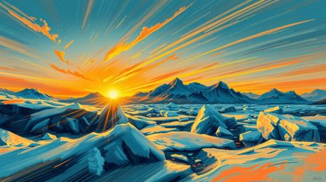 Experience a vibrant dynamic action painting depicting a breathtaking sunset over icy polar glaciers.  Warm autumnal hues dom