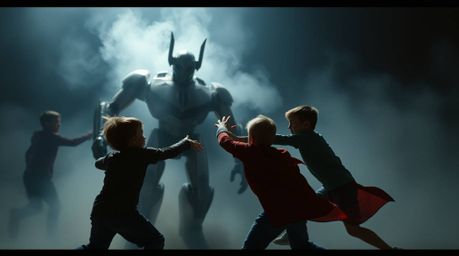 Experience a dramatic showdown between three superpowered children and a formidable robot.  Set under a hazy, low-key lightin