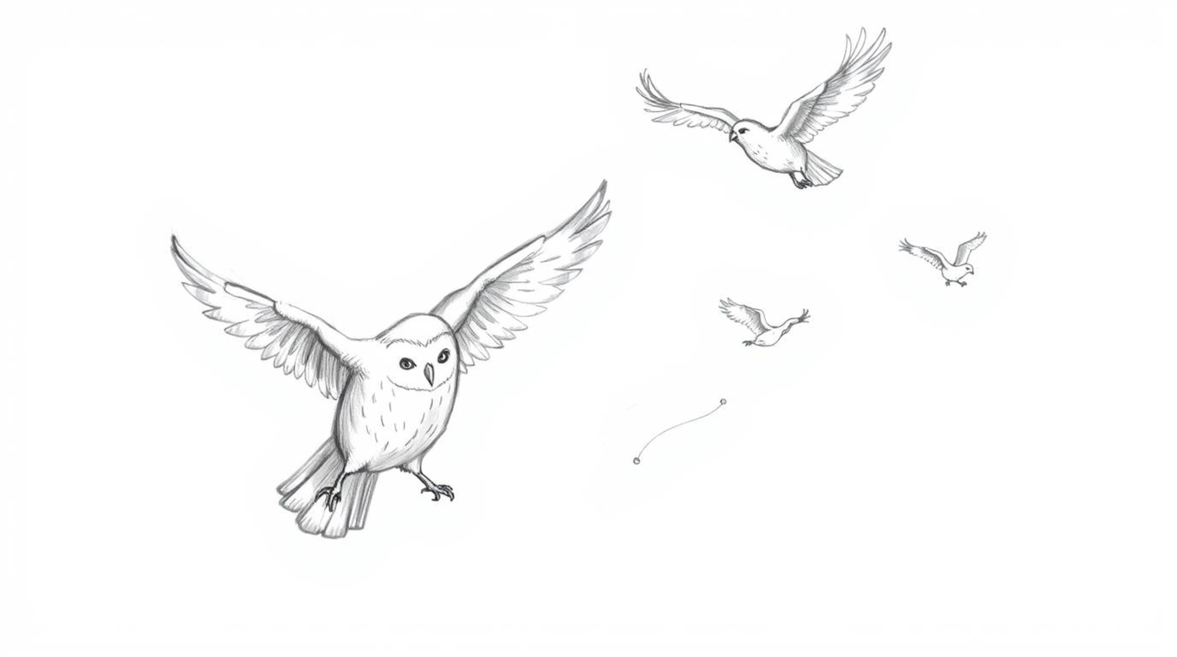 A charming hand-drawn sketch in the style of Pixar depicts a blind owl patiently teaching birds to fly. Soft pencil strokes