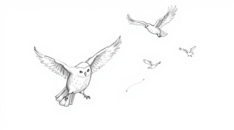 A charming hand-drawn sketch in the style of Pixar depicts a blind owl patiently teaching birds to fly.  Soft pencil strokes 