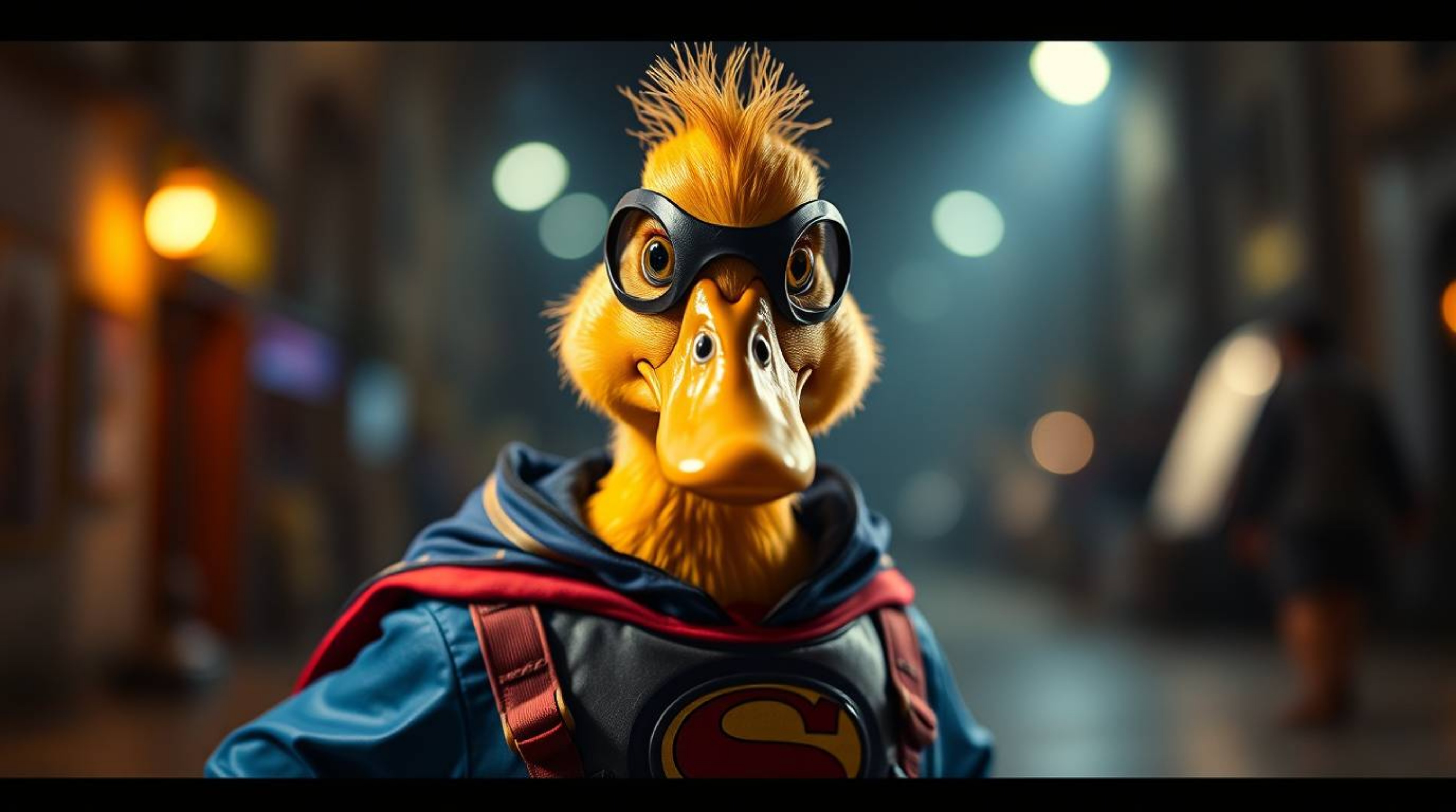 This image features a captivating, film-like composition of a duck humorously dressed in a zany superhero costume. Dramatic c