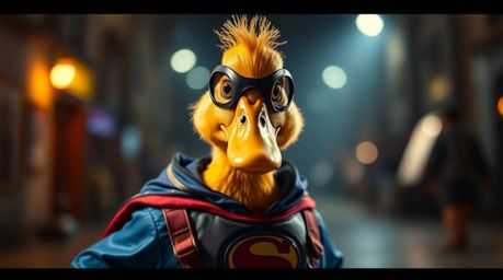 This image features a captivating, film-like composition of a duck humorously dressed in a zany superhero costume. Dramatic c
