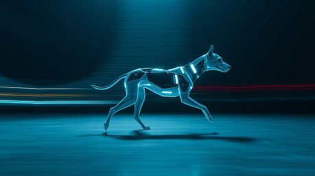 A captivating long exposure photograph depicts a futuristic dog autonomously strolling through the cosmos.  The image is stri