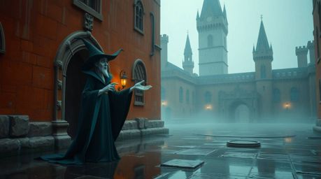 A classic Disney villain casts a spell within the aged walls of an old castle.  The scene is bathed in a dreamy, soft light, 