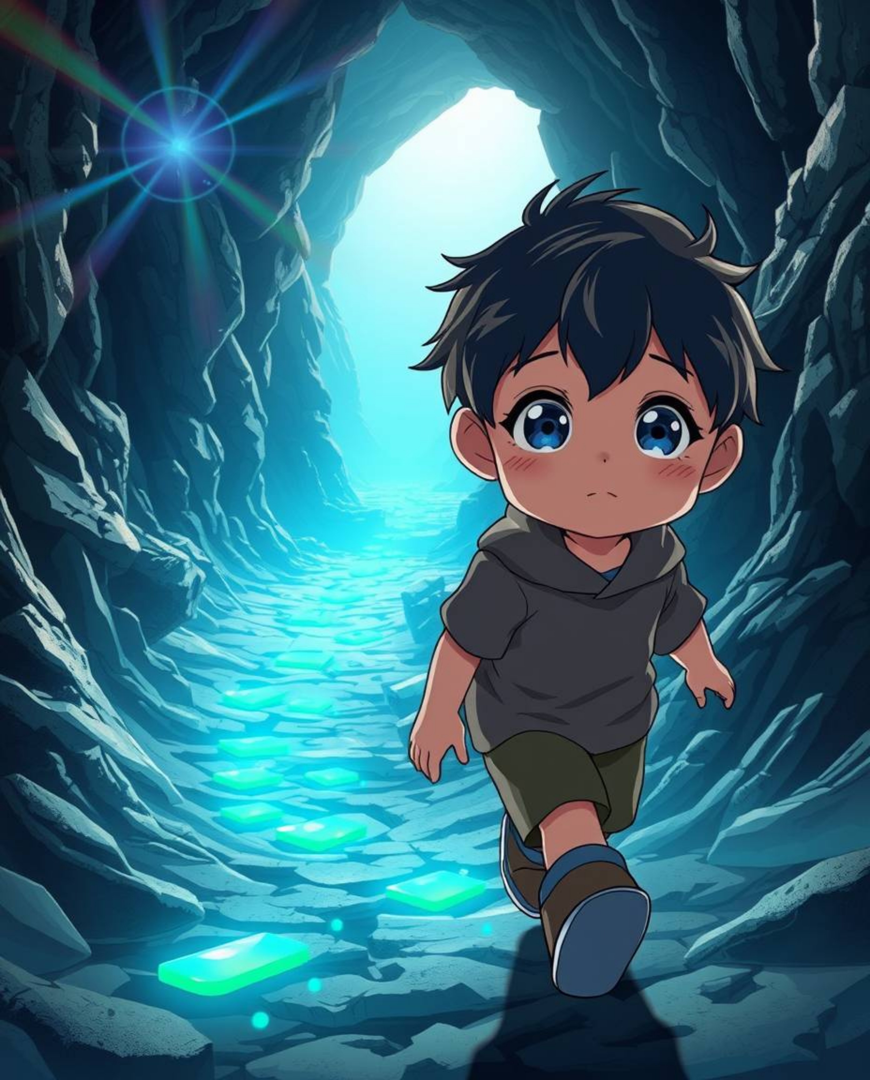 A vibrant scene depicting a child with rosy cheeks and curious eyes venturing into an otherworldly cave, guided by luminous b