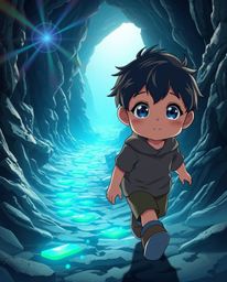 A vibrant scene depicting a child with rosy cheeks and curious eyes venturing into an otherworldly cave, guided by luminous b
