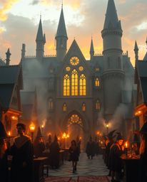 Discover breathtaking surreal imagery of a magical school brimming with young wizards, bathed in the warm glow of golden hour