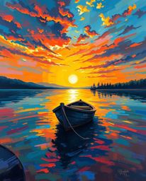 A classic oil painting, rendered in electric vivid colors, depicts a boat drifting on a sunset lake. The artist's technique i