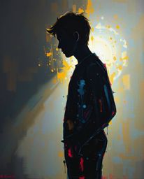 A captivating oil painting showcases a silhouetted human figure bathed in backlighting.  Vibrant color splashes create the fi